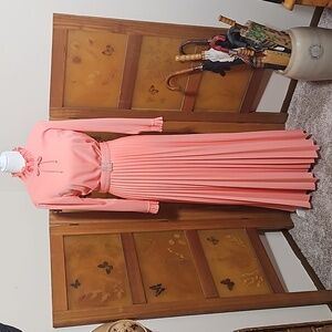 Vintage 70s Peach Chiffon Pleated Maxi Dress with Belt
